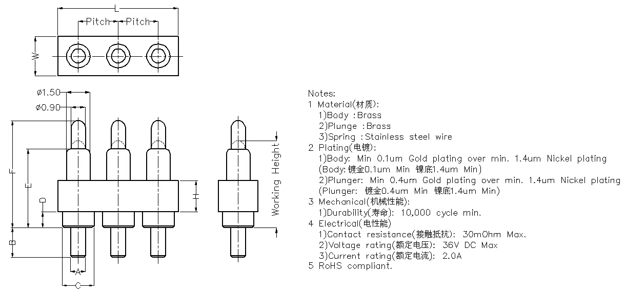 3Pin带尾针Pogo Pin连接器 | 垂直插件式弹簧针 | 稳定导通10万次3P带尾巴